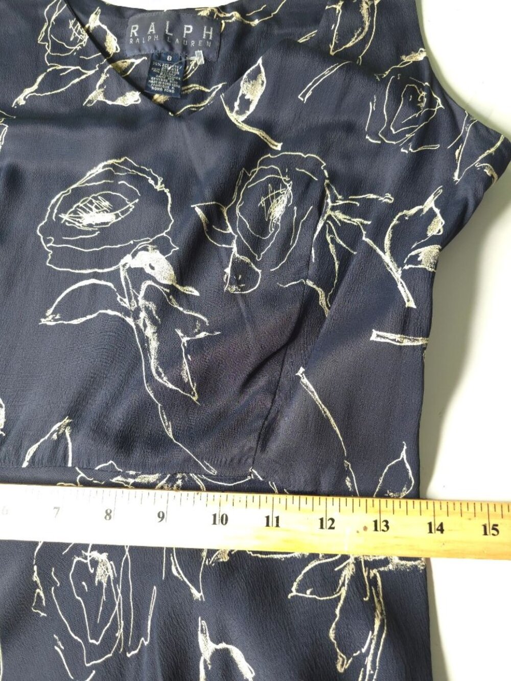 Ralph Lauren Navy Floral Sleeveless Dress Size 8 V-Neck 76% Acetate 20% Silk 4% - Picture 5 of 15